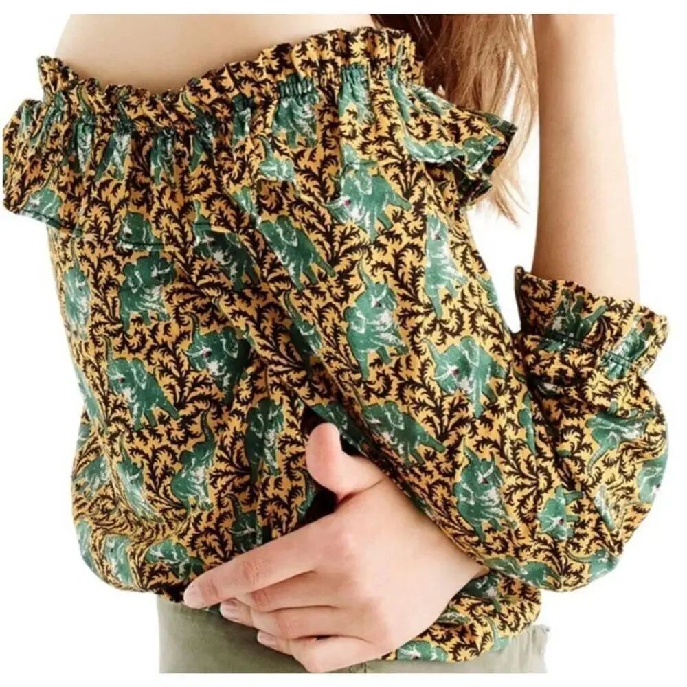New J. Crew Women’s Ratti Elephant Print Blouse Cotton Green Yellow size 2